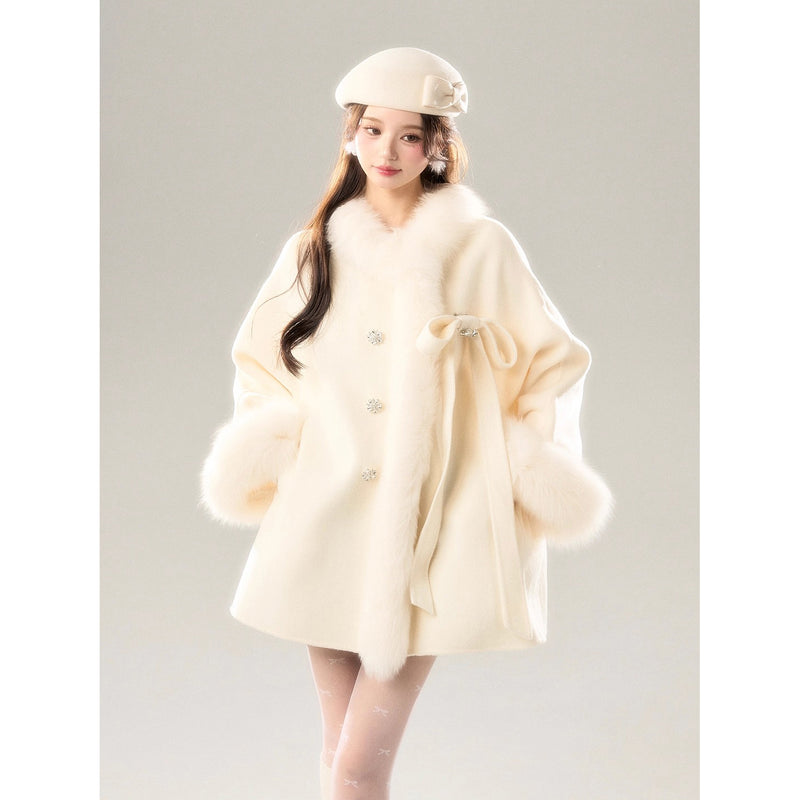 Romantic Ribbon Fur Wool Coat