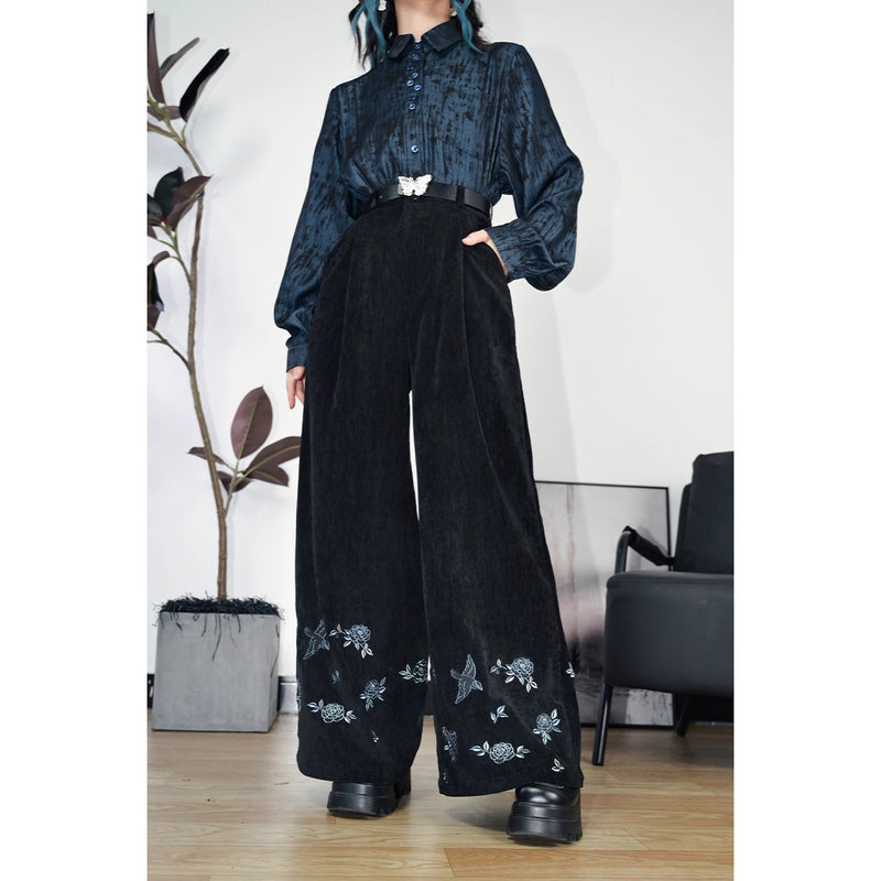椿の花と鶯の刺繍ワイドパンツ