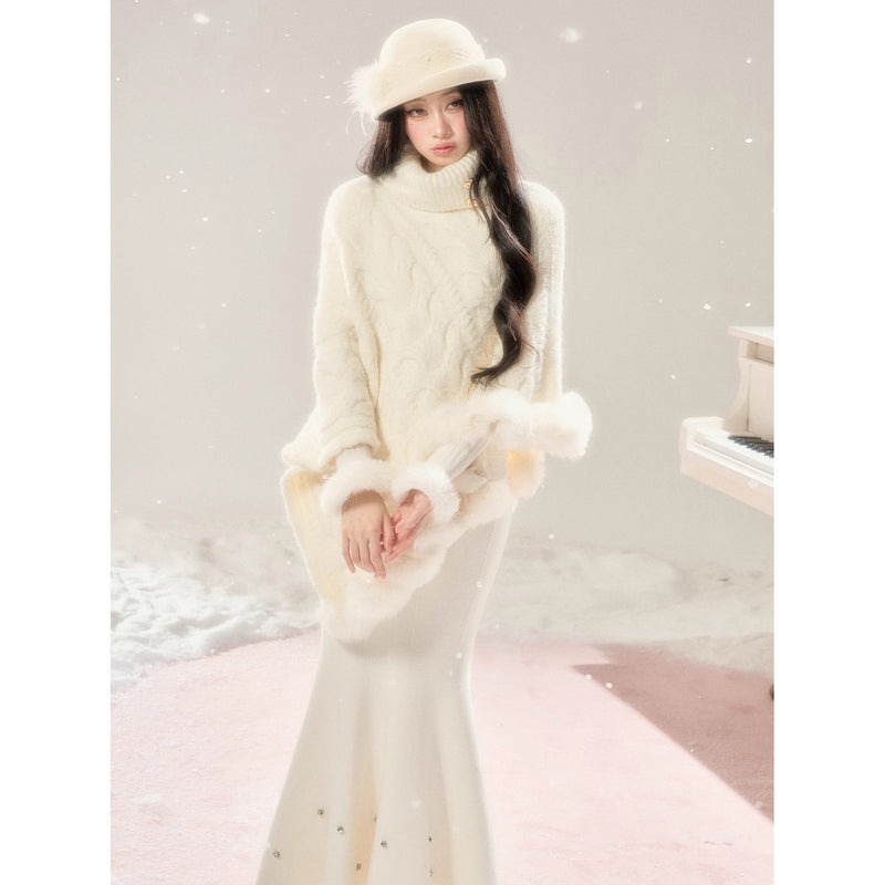 High-neck Knit Shawl Cape