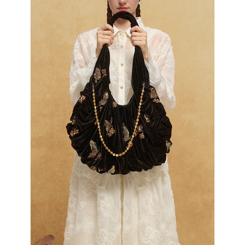 金色の蝶の刺繍ベルベットトートバッグ