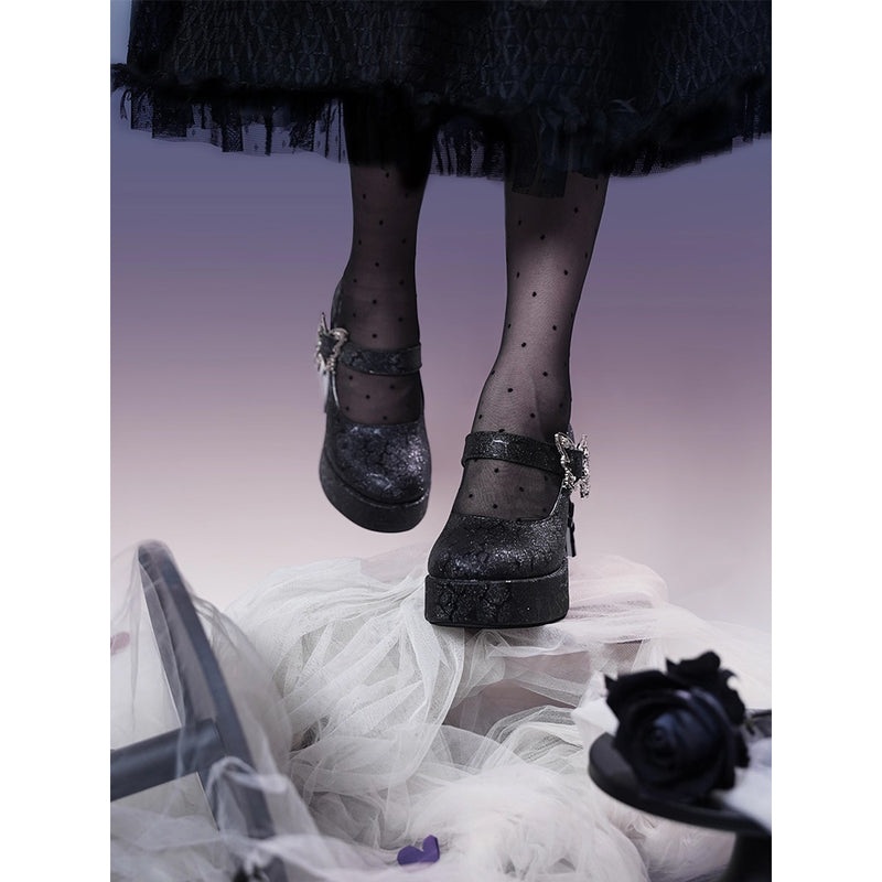 薔薇の花と蝶のゴシックヒールパンプス - Glitter Black