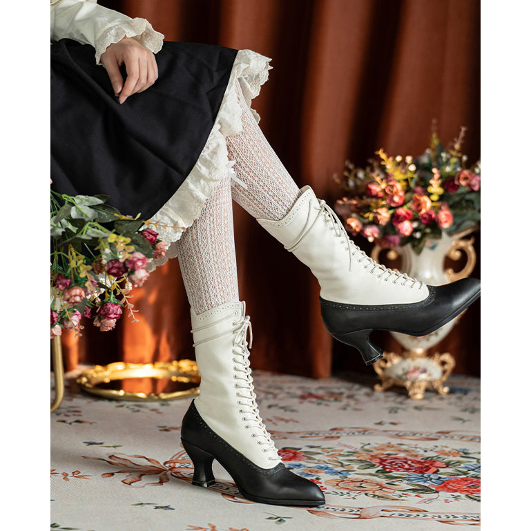 Victorian Pointed Toe Lace Up Boots - Black White