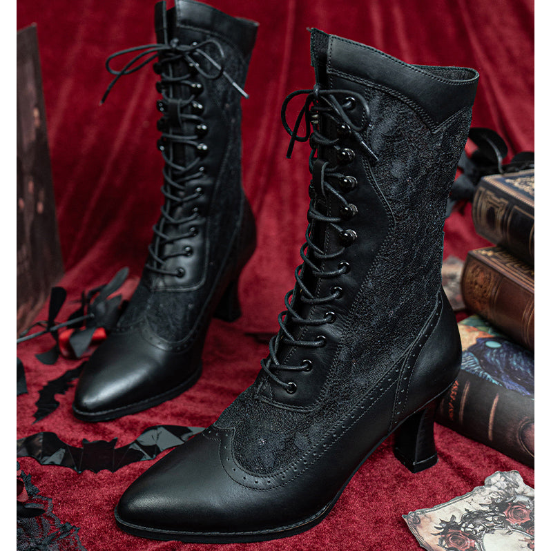 Victorian Lace Pointed Toe Lace Up Black Boots