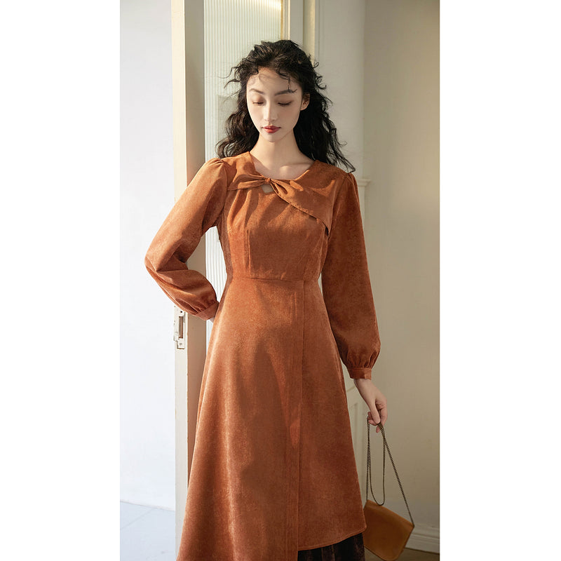 Orange Brown Corduroy Retro Dress