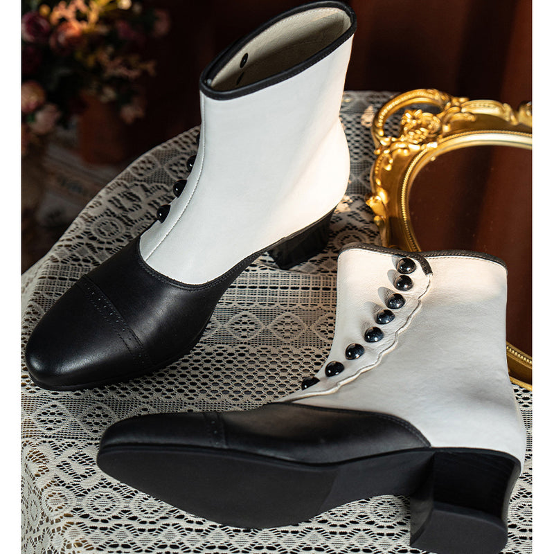 Victorian Round Toe Buttoned Short Boots - Black White