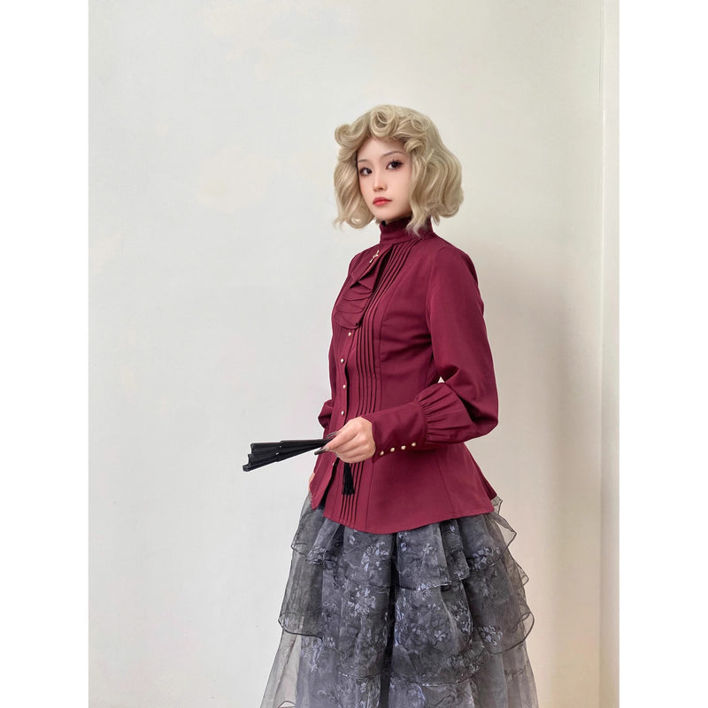 中世貴族の十字架プリーツブラウス - Wine Red[2025年9月上旬-9月下旬発送予定]