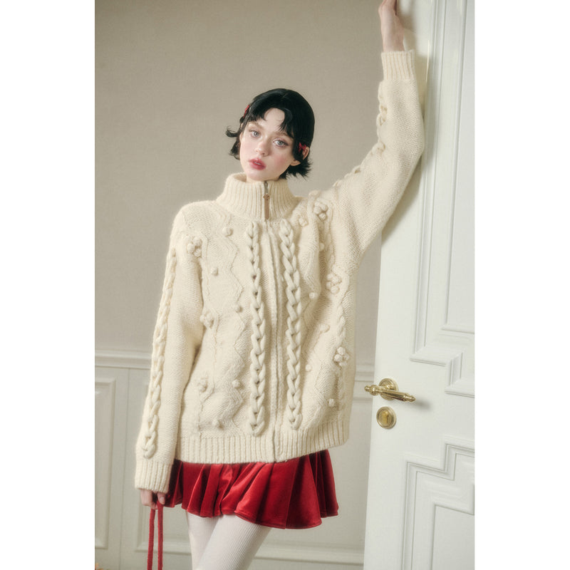 Hand-Knitted Cable Pattern Wool Knit Jacket