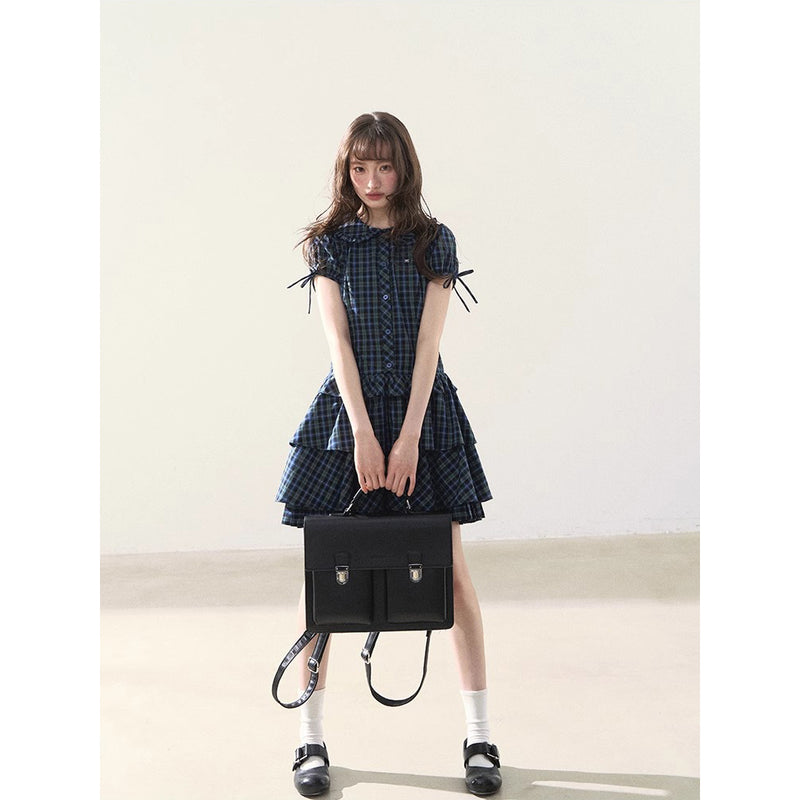 Blue and Green Checkered Tiered Dress