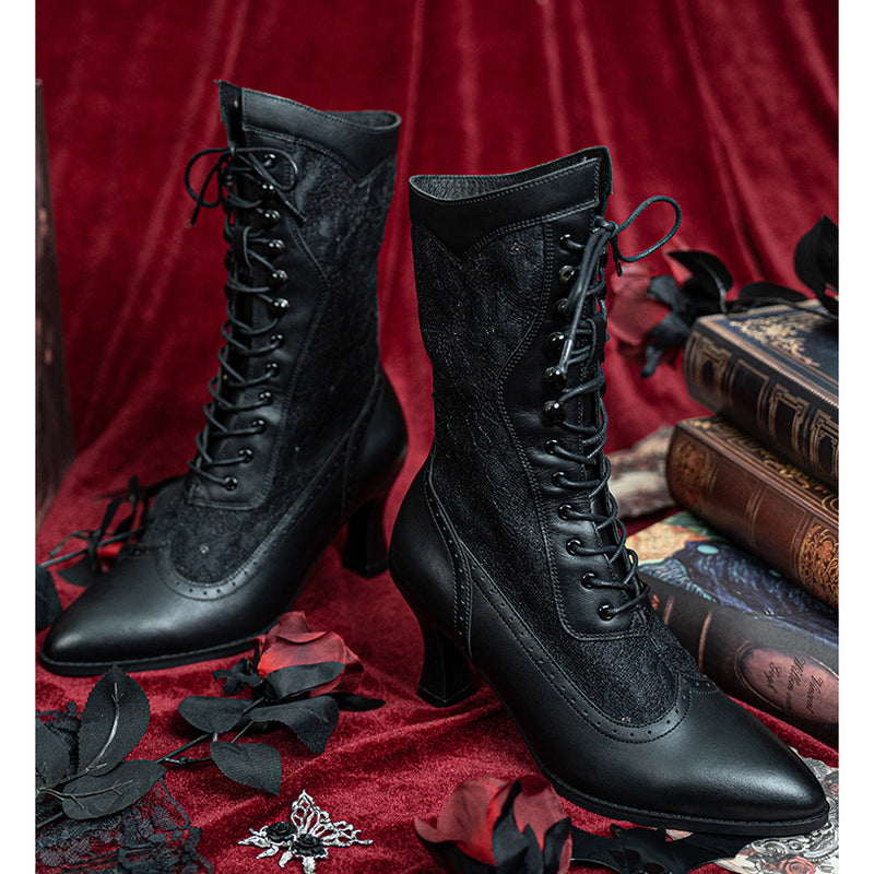 Victorian Lace Pointed Toe Lace Up Black Boots