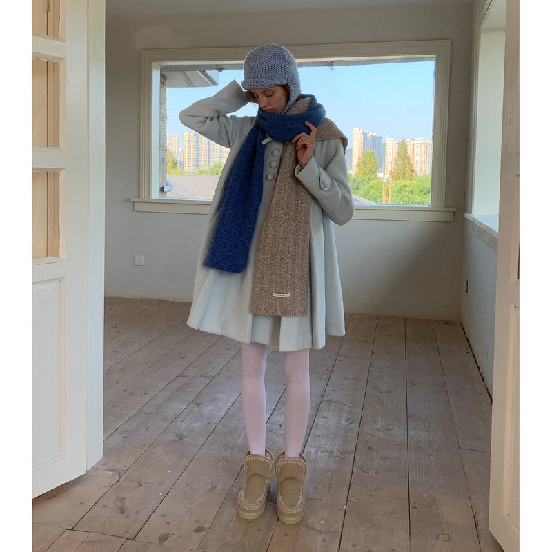 Frosty Blue Wool Pleated Coat with Ribbon