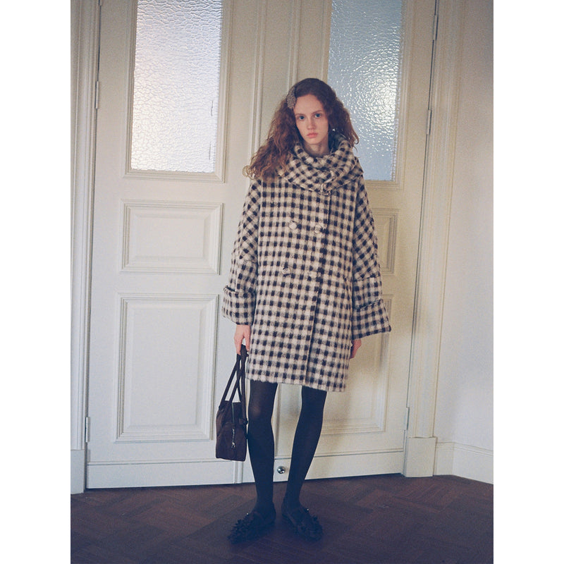 Dark Brown Plaid Snood Wool Coat