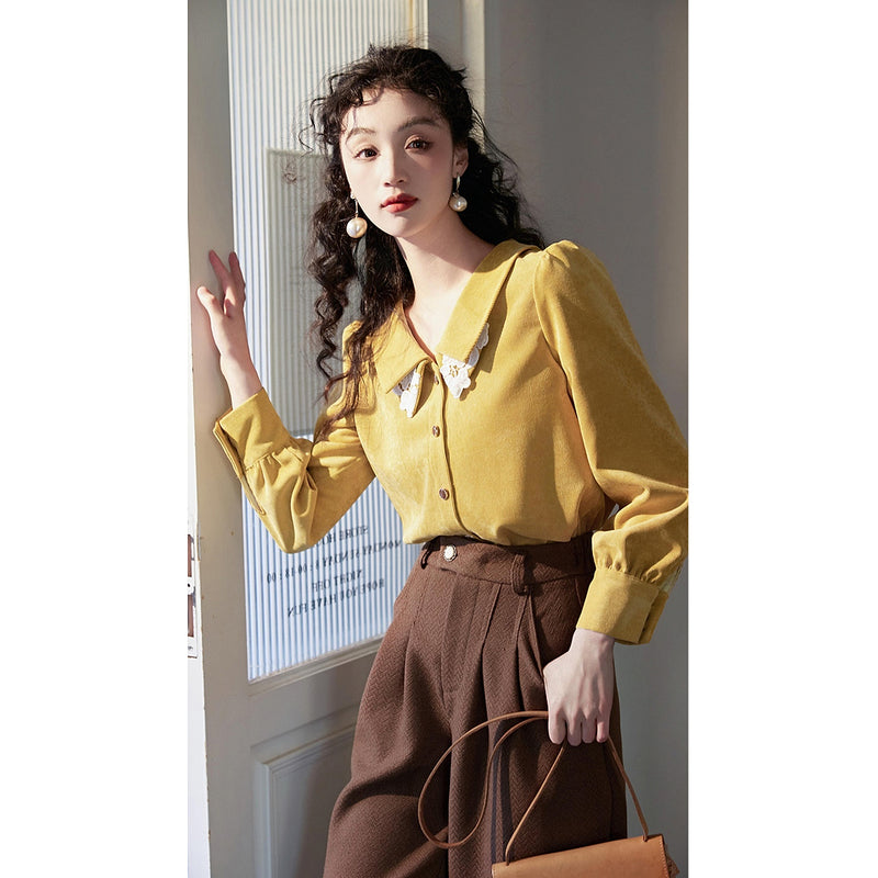 Yellow Floral Embroidered Corduroy Blouse