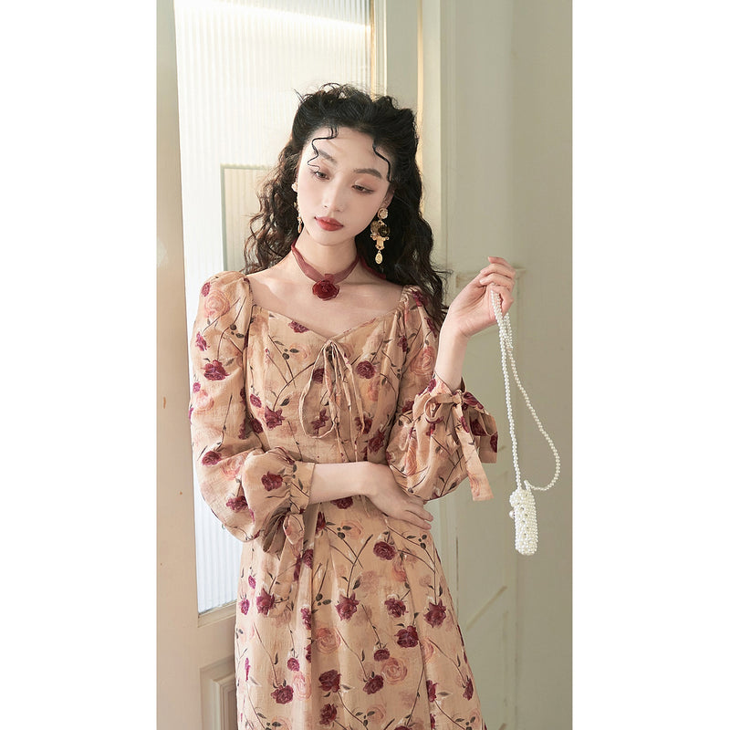 French Retro Rose Flower Dress