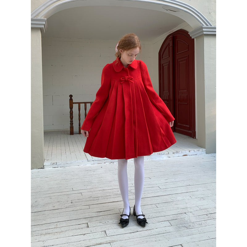 Bright Red Pleated Wool Coat with Ribbon