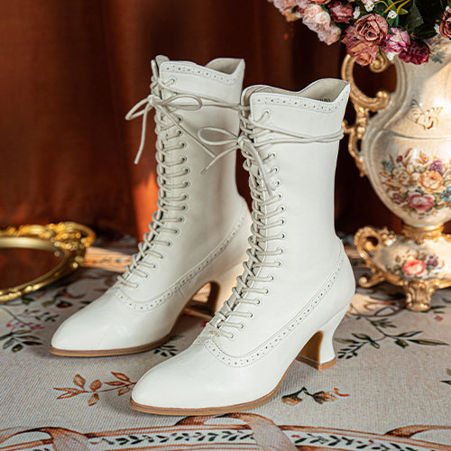 Victorian Pointed Toe Lace Up Boots - Ivory