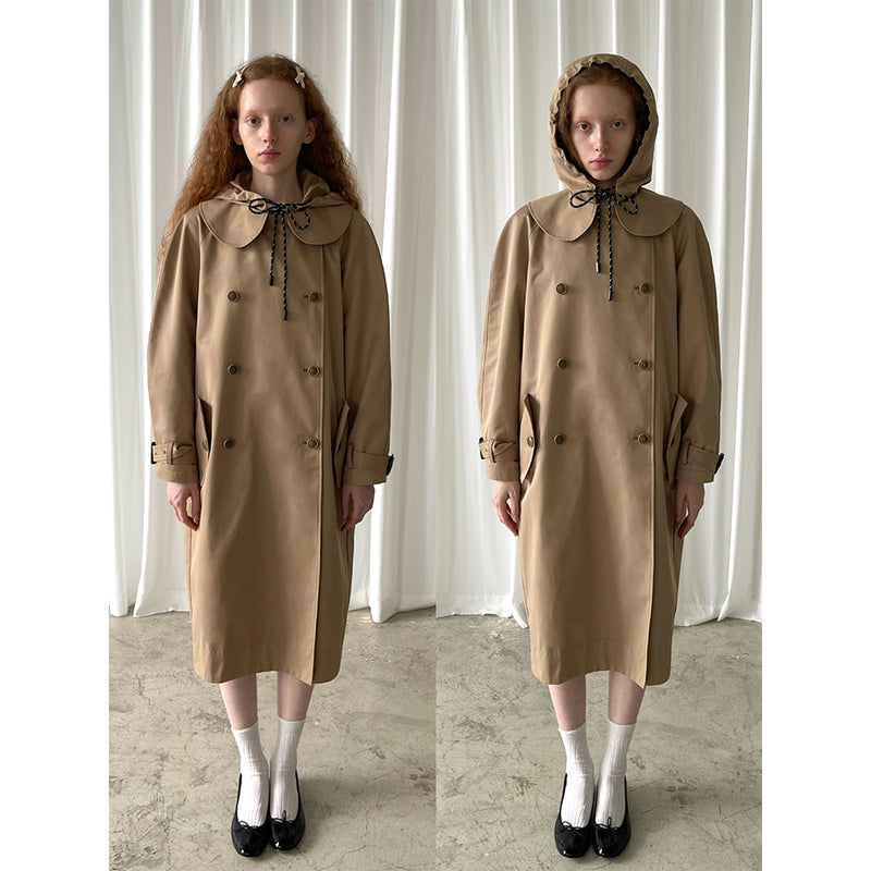 Khaki Doll Collar Detachable Hooded Trench Coat