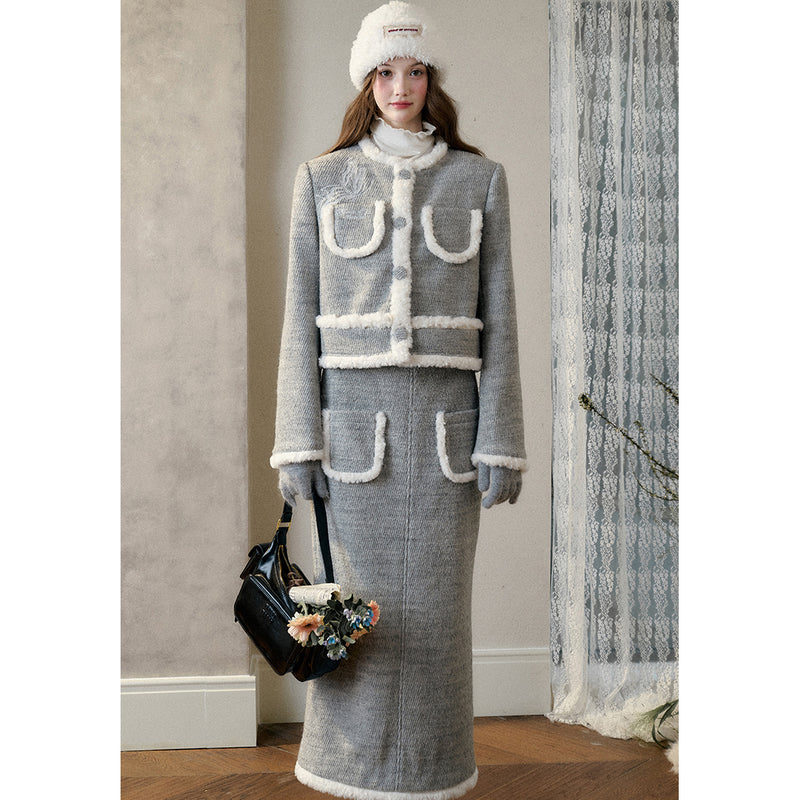 Butterfly Embroidered Wool Jacket and Long Skirt