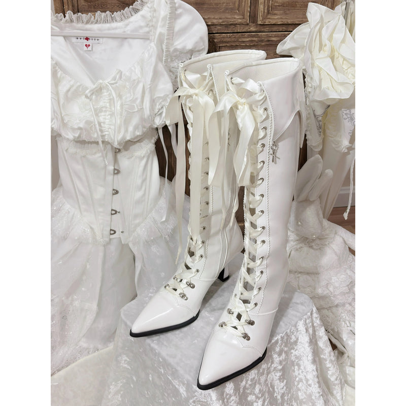 貴族令嬢の編み上げゴシックロングブーツ - White[2026年3月上旬-3月下旬発送予定]