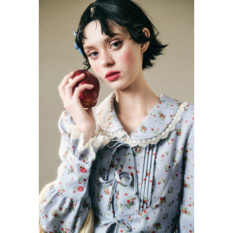 Sky Blue and Strawberry Patterned Blouse and Skirt