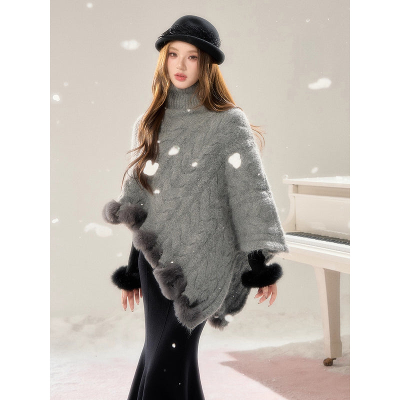High-neck Knit Shawl Cape