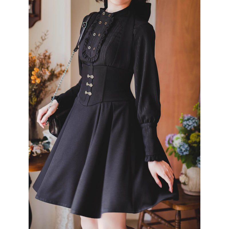 英国のお嬢様のスタンドカラーブラウス - Black