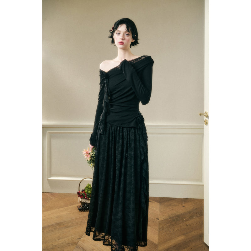 Rose Patterned Lace Top and Long Skirt - Black