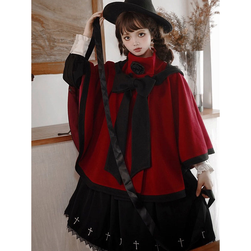 物語のお嬢様のケープコートとリボンフード - Wine Red[2025年12月上旬-2026年1月上旬発送予定]