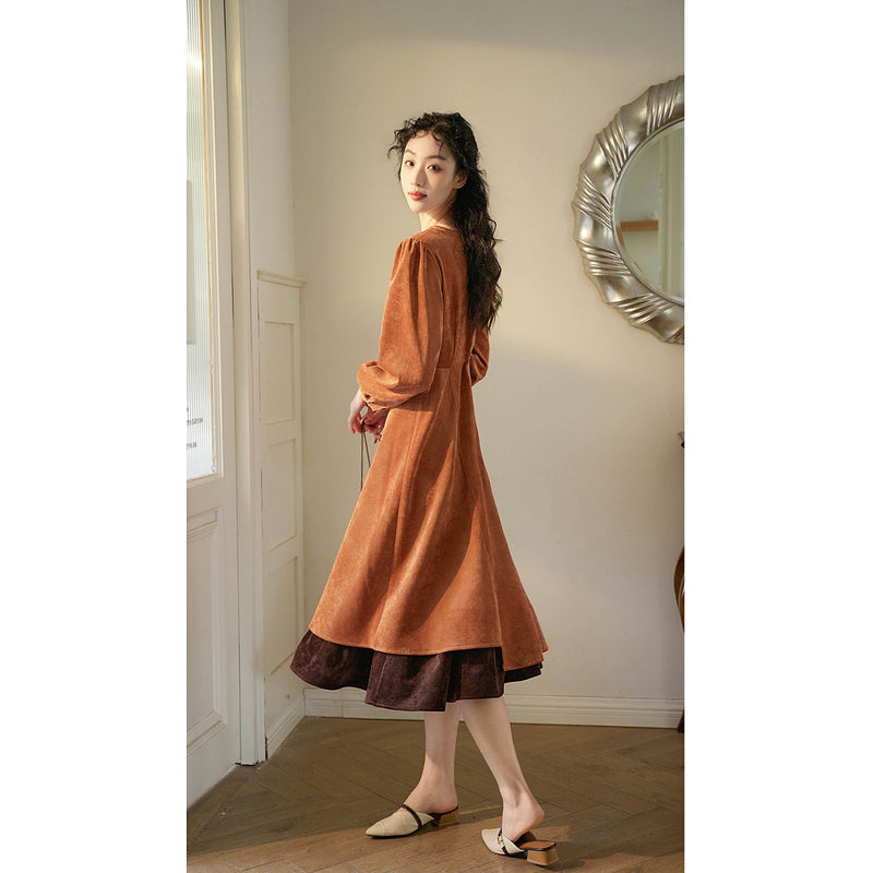 Orange Brown Corduroy Retro Dress