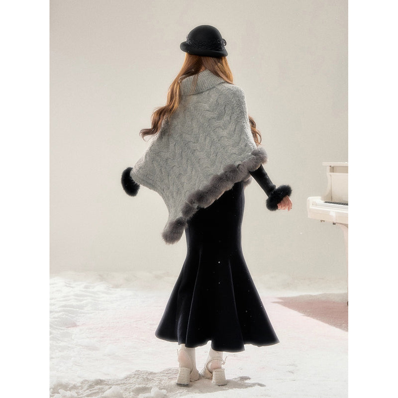 High-neck Knit Shawl Cape