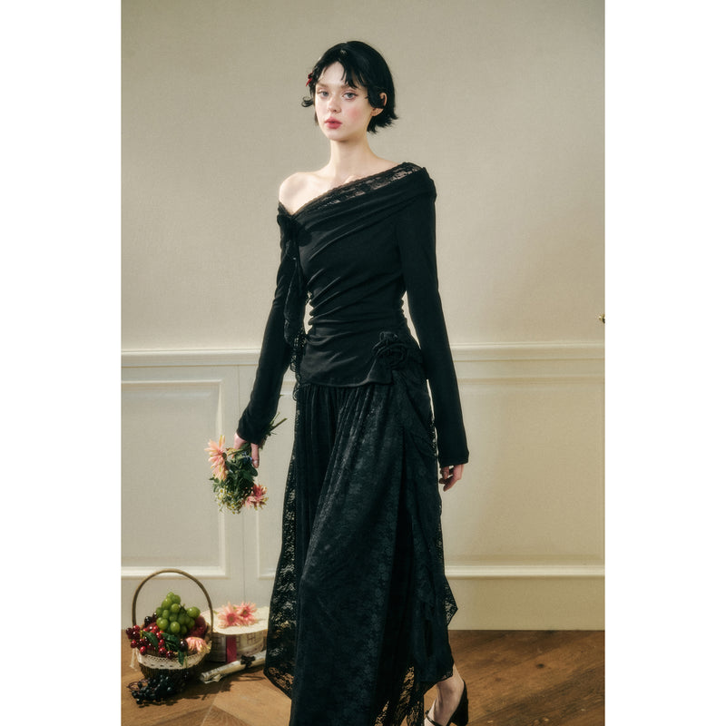 Rose Patterned Lace Top and Long Skirt - Black