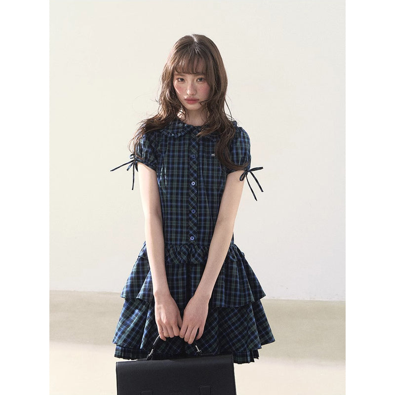 Blue and Green Checkered Tiered Dress