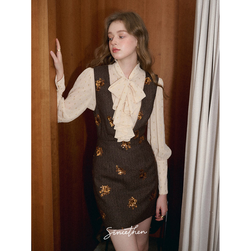 Brown Sequins Embroidered Jumper Skirt