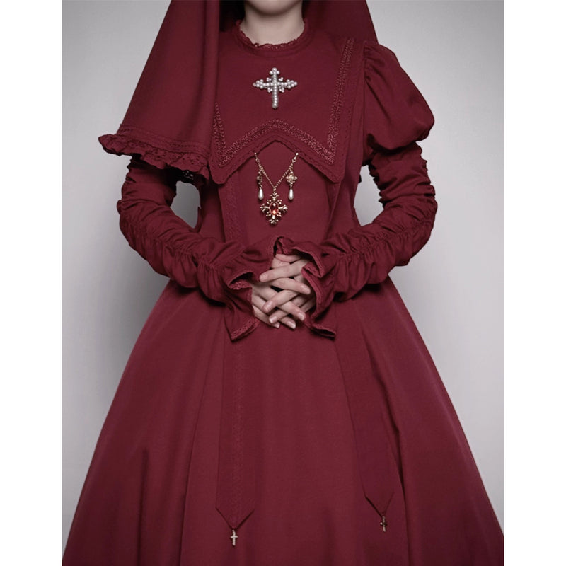 月夜の修道女の刺繍ワンピース - Wine Red（シャーリングスリーブ）[2025年12月上旬-2026年1月上旬発送予定]