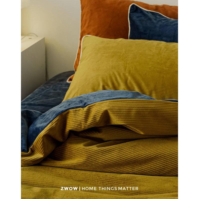 Gold Blue Velvet Bed Cover Set