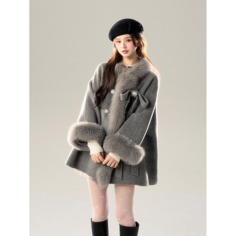 Romantic Ribbon Fur Wool Coat