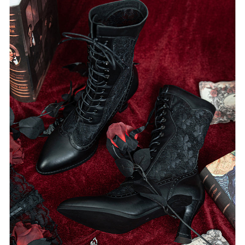 Victorian Lace Pointed Toe Lace Up Black Boots