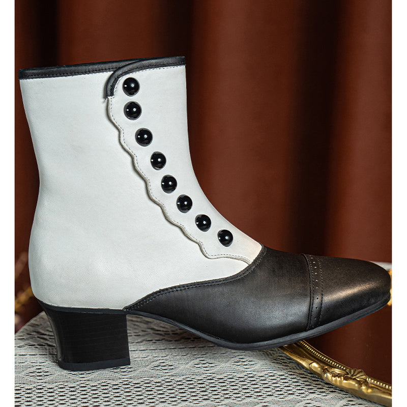 Victorian Round Toe Buttoned Short Boots - Black White