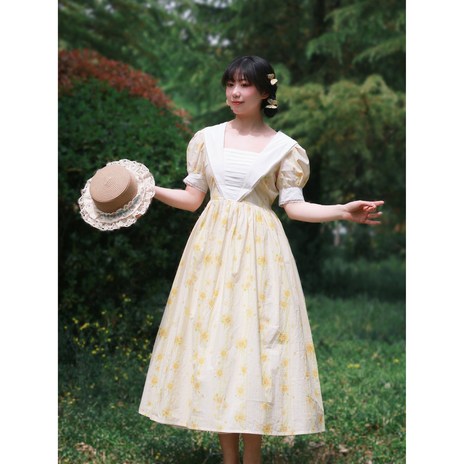 パリで購入❤︎昭和レトロ　花柄　フラワー柄ワンピース 向日葵の花柄レトロワンピース – ManusMachina