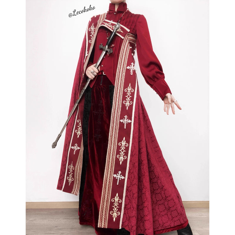 月夜の修道女の刺繍ロングマント - Wine Red × Gold[2025年12月上旬-2026年1月上旬発送予定]