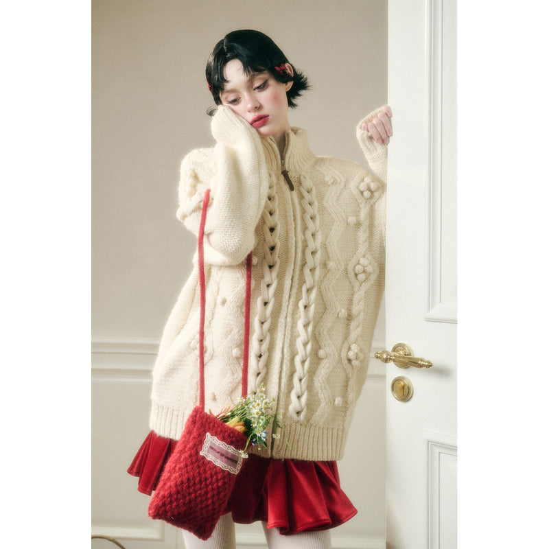 Hand-Knitted Cable Pattern Wool Knit Jacket