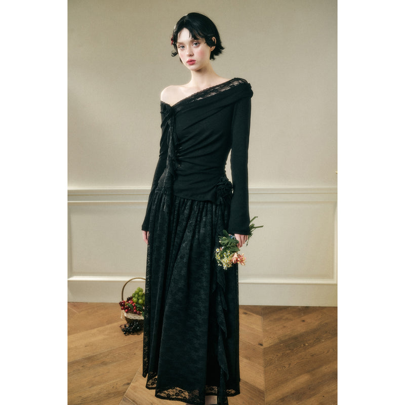 Rose Patterned Lace Top and Long Skirt - Black