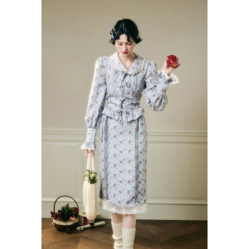 Sky Blue and Strawberry Patterned Blouse and Skirt