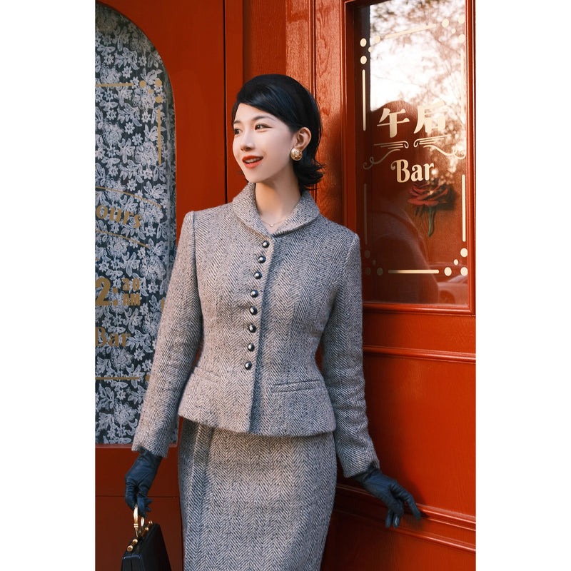 銀幕の貴婦人のツイードジャケットとペンシルスカート - Dark Gray