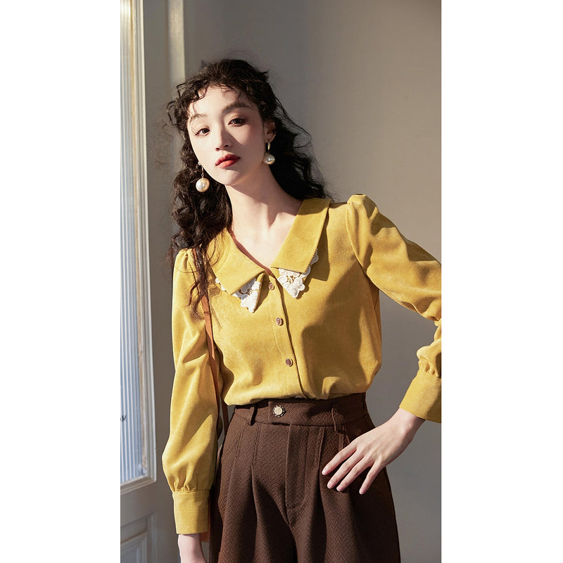 Yellow Floral Embroidered Corduroy Blouse