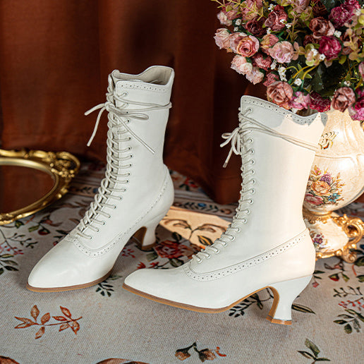 Victorian Pointed Toe Lace Up Boots - Ivory