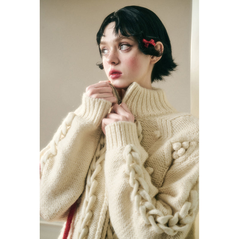 Hand-Knitted Cable Pattern Wool Knit Jacket