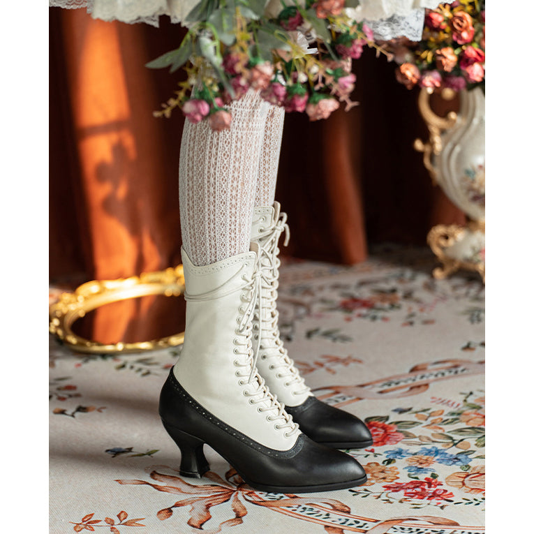 Victorian Pointed Toe Lace Up Boots - Black White