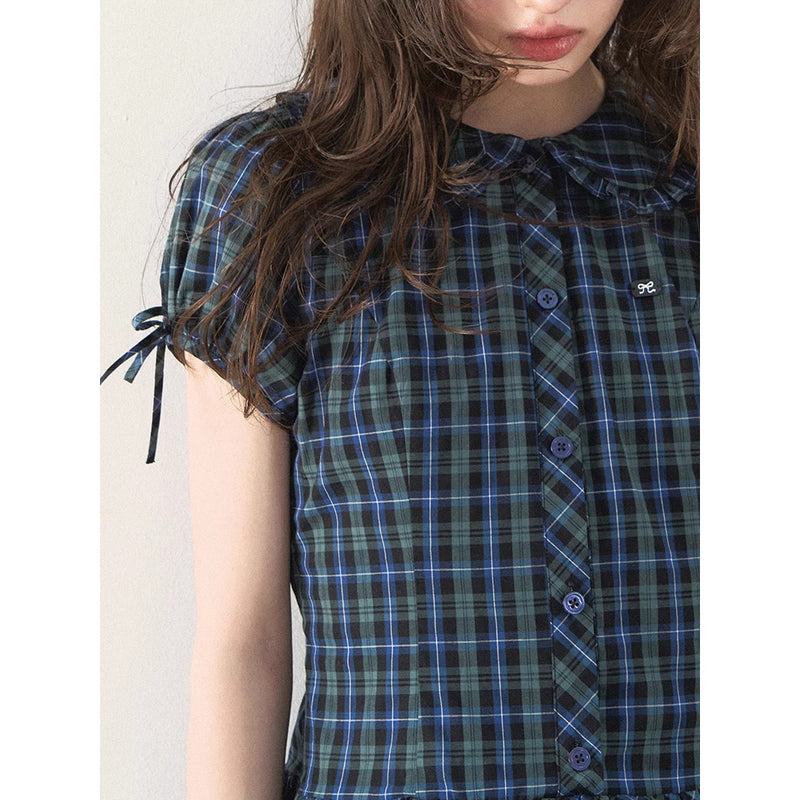 Blue and Green Checkered Tiered Dress