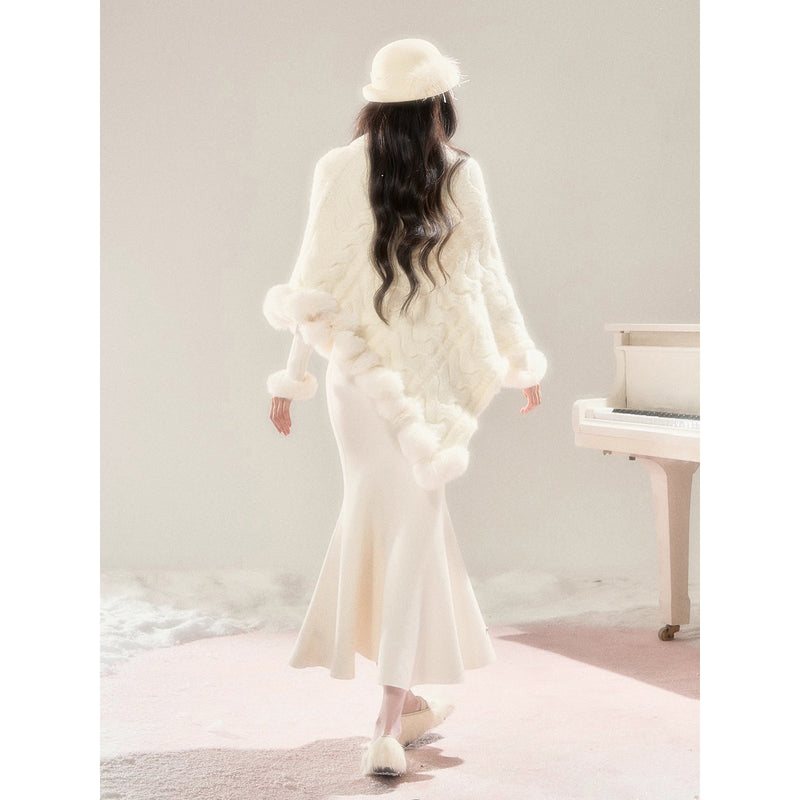 High-neck Knit Shawl Cape