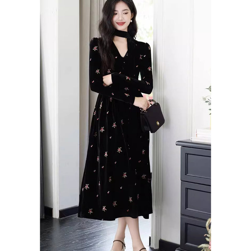 Black Floral Embroidered Velvet Dress